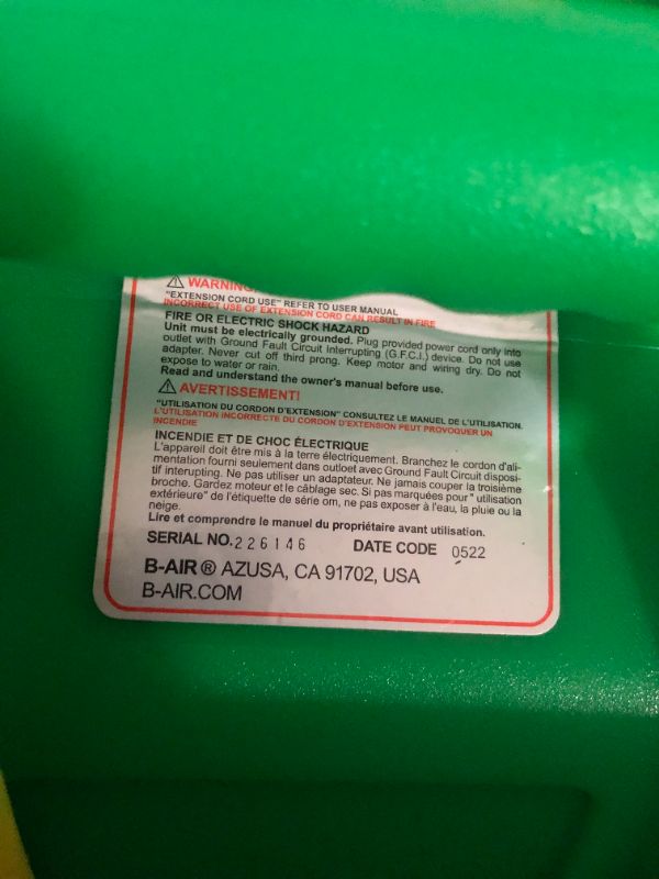 Photo 3 of **NON-FUNCTIONAL, USED, PARTS ONLY** 
B-AIR Kodiak 1.5 HP ETL Bounce House Blower, Green