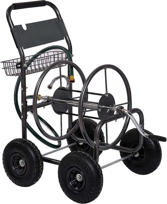 Photo 1 of 
Flieeya Garden Hose Reel Cart, Water Hose Cart 4 Wheels, Hold 300-feet of 5/8-inch Hose, Heavy Duty Wheel Cart Powder Coat Finish & Basket, for Garden