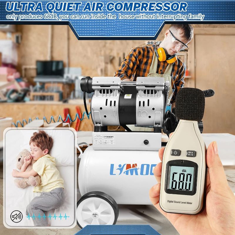 Photo 1 of 
Limodot Air Compressor, Ultra Quiet Air Compressor, Only 68dB, 6 Gallon Durable Steel Air Tank, Fill In 80s, Fast 25s Recovery, Oil-Free, Ideal For Shop, Garage, Car, Pneumatic Tools