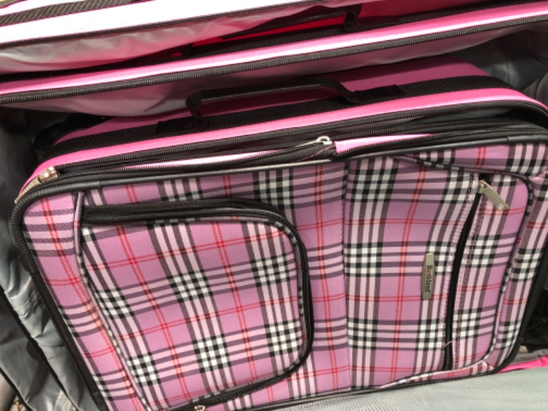 Photo 4 of **DAMMAGED/MISSING COMPONENTS***Rockland Fashion Softside Upright Luggage Set, Pink Cross, 4-Piece (14/19/24/28) 4-Piece Set (14/19/24/28) Pink Cross Frustration-Free Packaging