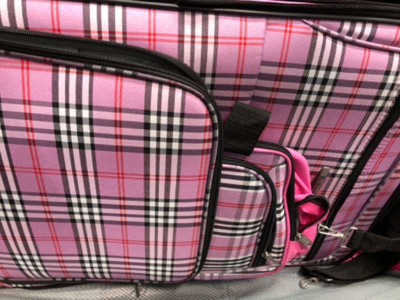 Photo 3 of **DAMMAGED/MISSING COMPONENTS***Rockland Fashion Softside Upright Luggage Set, Pink Cross, 4-Piece (14/19/24/28) 4-Piece Set (14/19/24/28) Pink Cross Frustration-Free Packaging