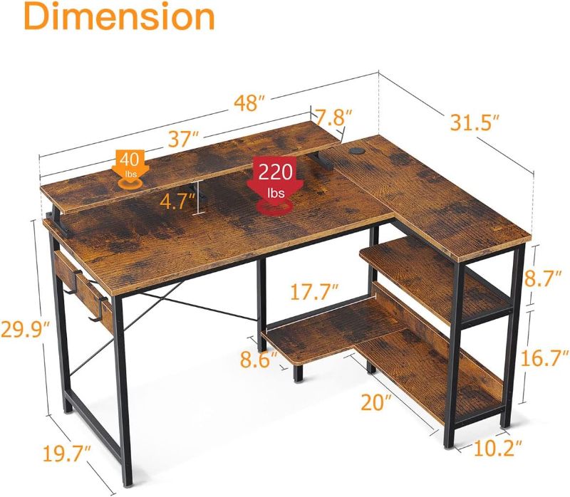 Photo 1 of ODK Small L Shaped Desk, 48 inch Corner Desk with Reversible Storage Shelves, Computer Desk with Monitor Shelf and PC Stand for Home Office, Gaming Desk with Headphone Hooks, Rustic Brown