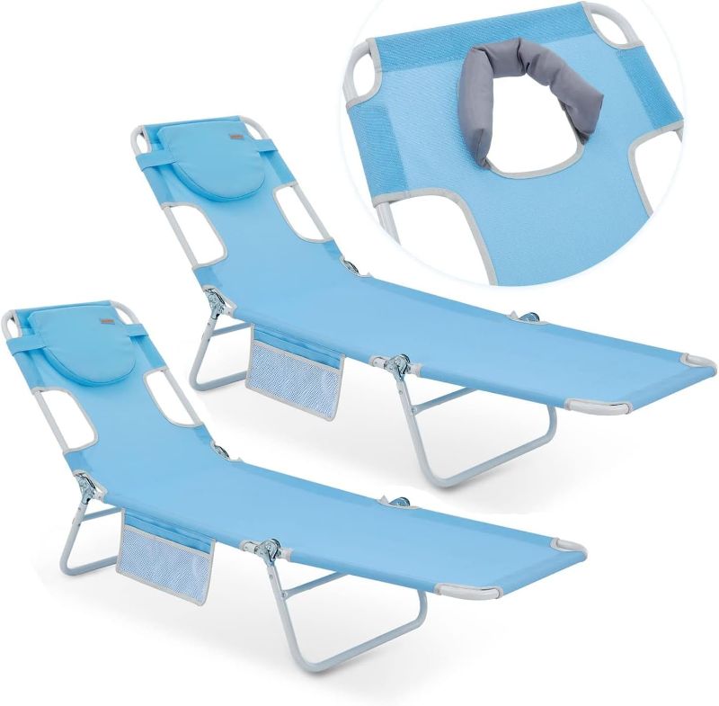 Photo 1 of #WEJOY 2 Pack Beach Chaise Lounge Outdoor Lounge Chair with Face Hole Tanning Chair Lightweight Folding Reclining Beach Chair+Removable Pillow for Sunbathing,Patio,Indoor?Pool,Lawn,Backyard
