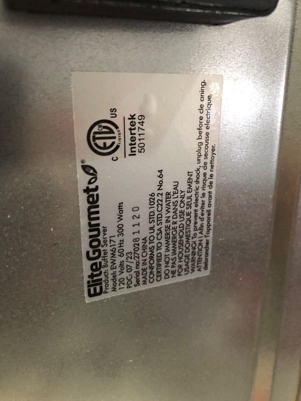 Photo 5 of **DAMAGED**FOR PARTS OR REPAIR**
Elite Gourmet EWM-6171# 7.5 Quart Triple Buffet Server Food Warmer Temperature Control, Clear Slotted Lids, Perfect for Parties, Entertaining & Holidays, Stainless Steel