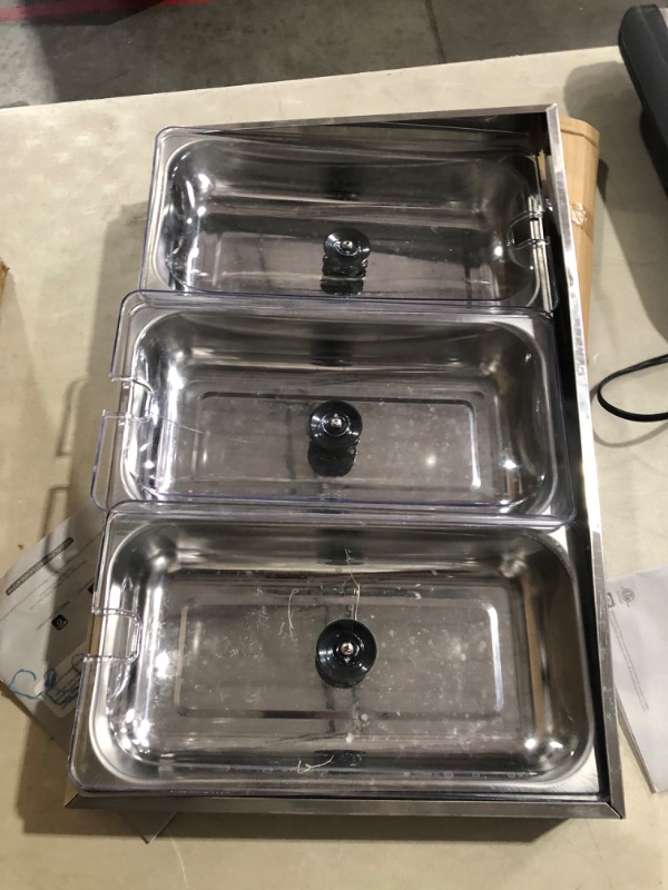Photo 4 of **DAMAGED**FOR PARTS OR REPAIR**
Elite Gourmet EWM-6171# 7.5 Quart Triple Buffet Server Food Warmer Temperature Control, Clear Slotted Lids, Perfect for Parties, Entertaining & Holidays, Stainless Steel