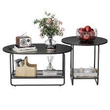 Photo 1 of Amada Coffee Table Set, 2-Tier Center Table with Open Shelf and Metal Frame, Modern Round Coffee Table for Living Room, Set of 2, AMCT2B Black