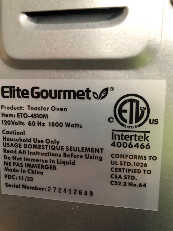 Photo 4 of * tested * works * 
Elite Gourmet ETO-4510M French Door 47.5Qt, 18-Slice Convection Oven 4-Control Knobs, 