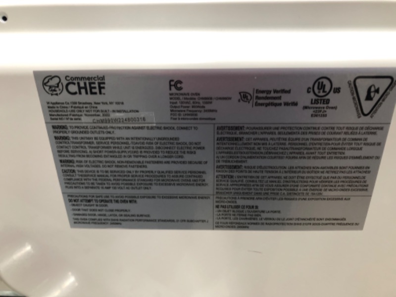 Photo 4 of ***TESTED/ POWERS ON***Commercial Chef CHM990W 900 Watt Counter Top Microwave Oven, 0.9 Cubic Feet, White Cabinet White 0.9 Cubic Feet