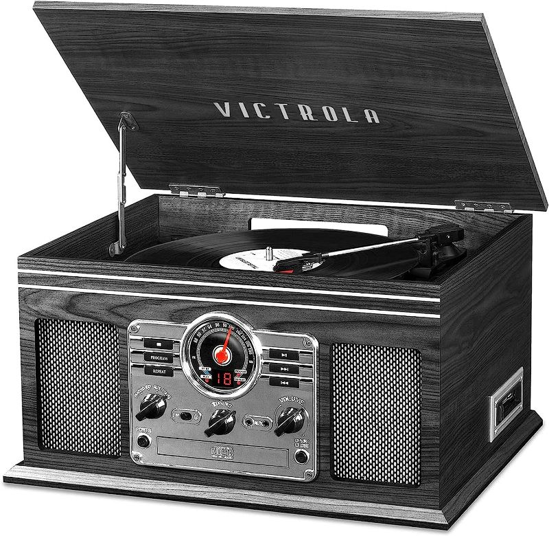 Photo 1 of Record Player Only****Victrola Nostalgic 6-in-1 Bluetooth Record Player & Multimedia Center, Grey with Victrola Wooden Stand for Wooden Music Centers with Record Holder Shelf, Black & Victrola Wooden Record Crate, Black (