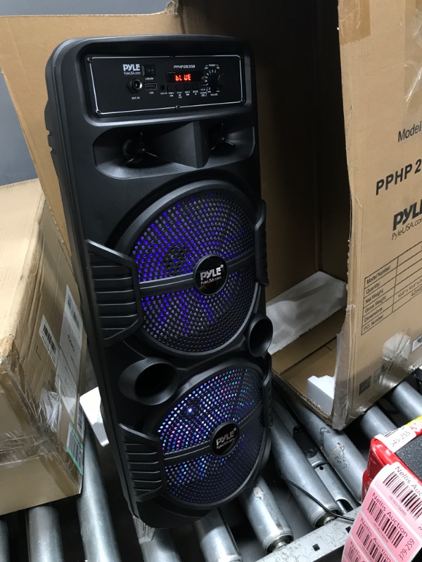 Photo 2 of Pyle Portable Bluetooth PA Speaker System - 600W Rechargeable Outdoor Bluetooth Speaker Portable PA System w/ Dual 8” Subwoofer 1” Tweeter, Microphone In, Party Lights, USB, Radio, Remote - PPHP2835B