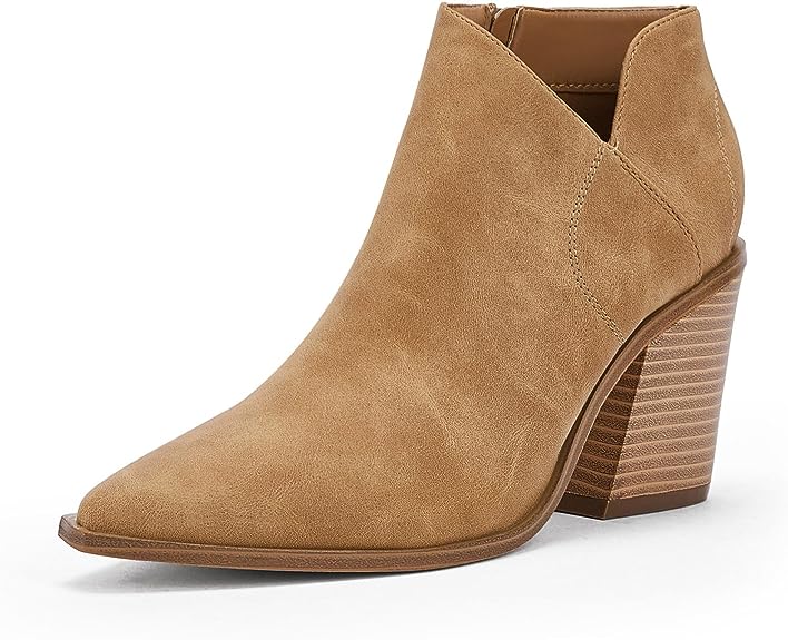 Photo 1 of Womens Ankle Boots V Cutout Pointed Toe Western Booties Chunky Heel Side Zipper Chelsea Boots
