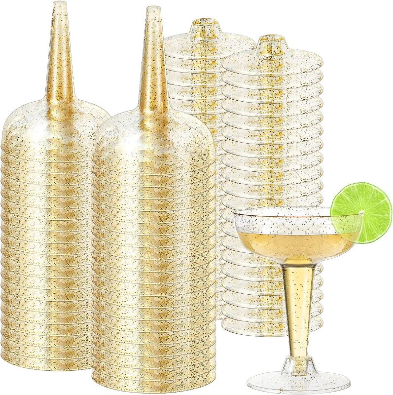 Photo 1 of 50 Pcs Plastic Martini Glasses 4 oz Cocktail Glasses Champagne Coupe Transparent Margarita Cups Gold Glitter or Phnom Penh Disposable Party Stemware for Wine Dessert Birthday Wedding(Glitter)
