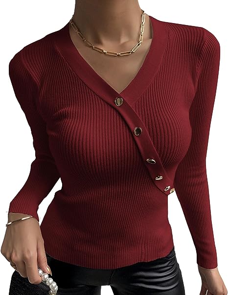 Photo 1 of Dellptop Women's Long Sleeve V Neck Fitted Sweater Ribbed Knit Button Faux Wrap Solid Pullover Tops
