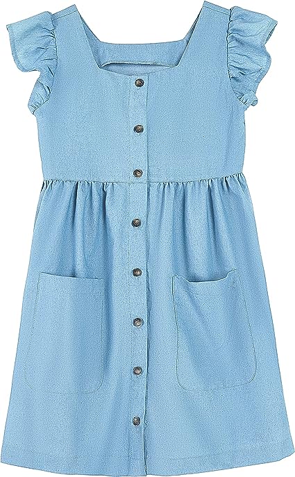 Photo 1 of Girls Square Neck Summer Dresses Ruffle Trim Cap Sleeve Cute Button Down Solid Party Mini Dress with Pockets 5-14 Year
