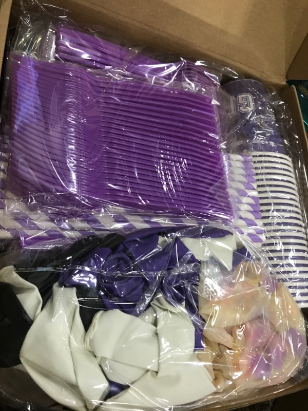 Photo 2 of 277 PCS Graduation Decoration Class of 2023 Party Supplies Kit Congrats Balloons Grad Party Disposable Dinnerware Backdrop Tablecloth for High School College Grad Celebration, Serves 24 (Purple)