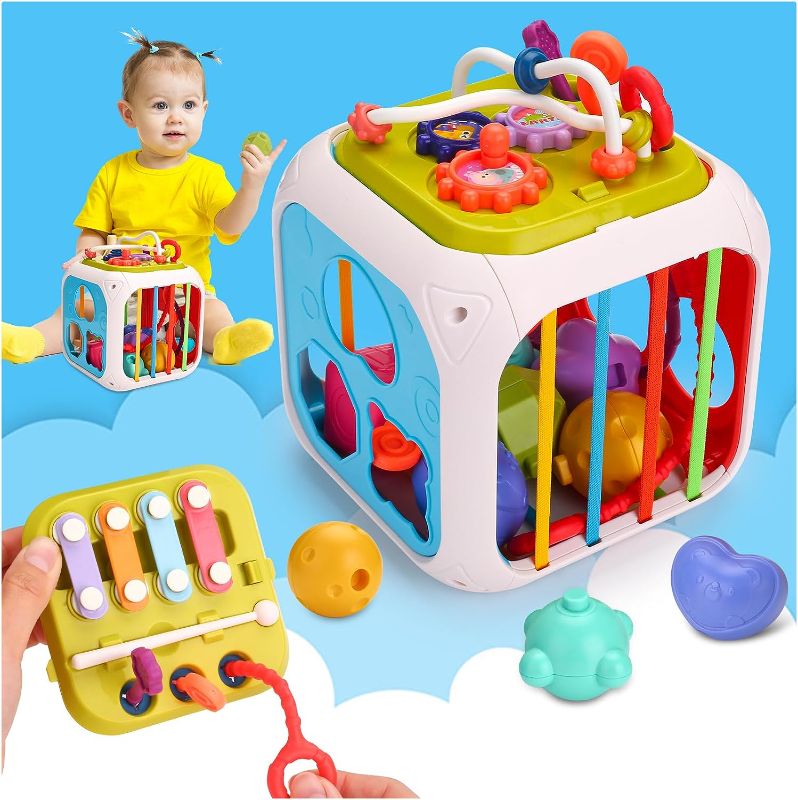 Photo 2 of Baby Toys Montessori Activity Cube: 7 in 1 Multifunction Toddler Learning Toy Sensory Shape Sorter Colorful Stacking Building Blocks Pull String Early Developmental Birthday Gift Boys Girls 18+ Months
