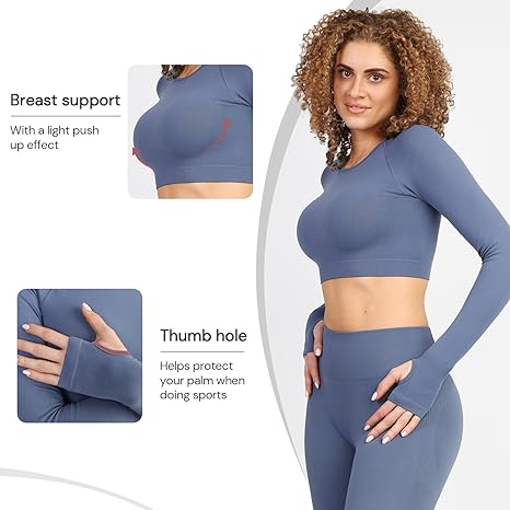 Photo 2 of Cosmolle Long Sleeve Workout Crop Top for Women Seamless Gym Tops Sport Compression Tops for Yoga Athletic Crop Tops BLUE XL 