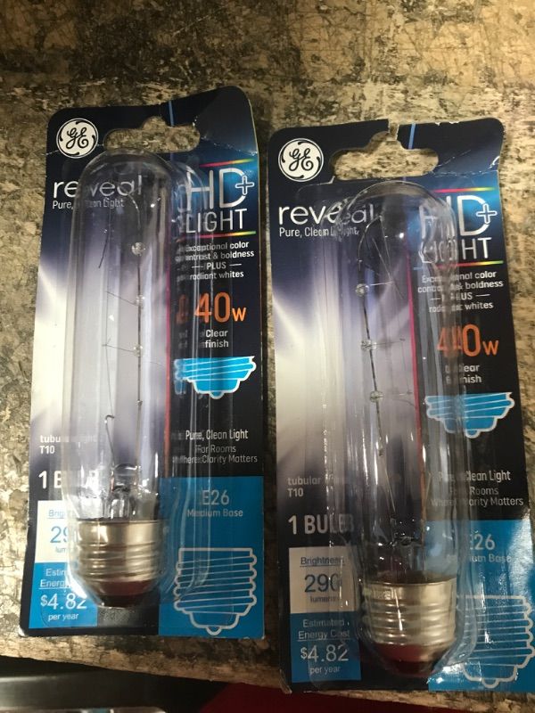 Photo 2 of 2 Pack
GE Reveal HD+ 40-Watt Incandescent T10 Tube Light Bulb, Medium Base, 1pk