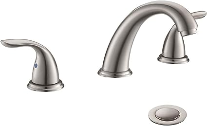 Photo 1 of 2 Handles 3 Holes Deck Mount Brushed Nickel Widespread Bathroom Faucet by phiestina,with Stainless Steel Pop Up Drain, WF008-5-BN
