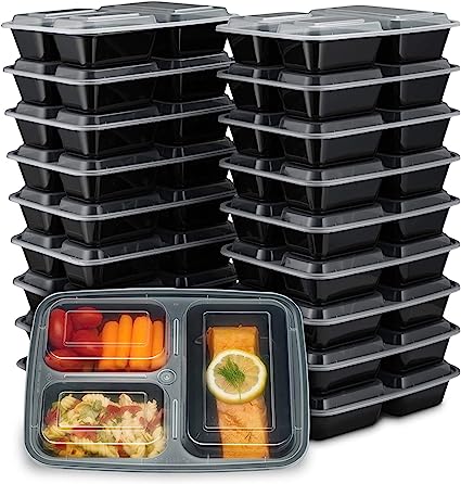 Photo 1 of Ez Prepa [20 Pack] 32oz 3 Compartment Meal Prep Containers with Lids - Bento Box - Plastic - Stackable, Reusable, Microwaveable & Dishwasher Safe
