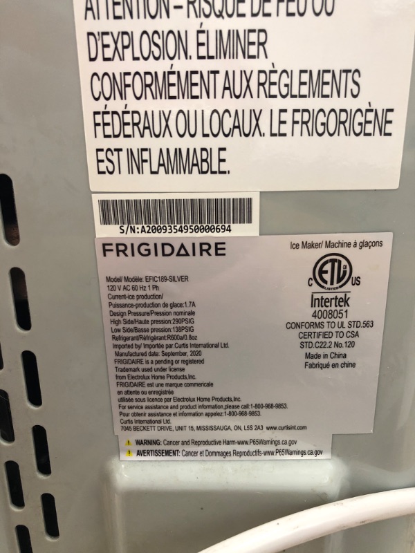 Photo 2 of **PARTS ONLY**
FRIGIDAIRE EFIC189-Silver Compact Ice Maker, 26 lb per Day, Silver (Packaging May Vary) Silver Ice Maker