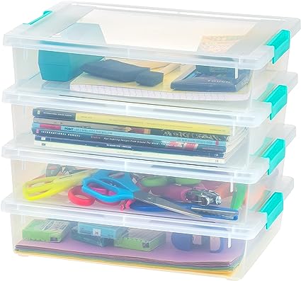 Photo 2 of IRIS USA 6 Quart Large Clip Box, 4 Pack, Clear Plastic Storage Container Bins with Latching Lids, Organizing Container for Home, Office and School Supplies, Stackable, Seafoam Blue Buckles
