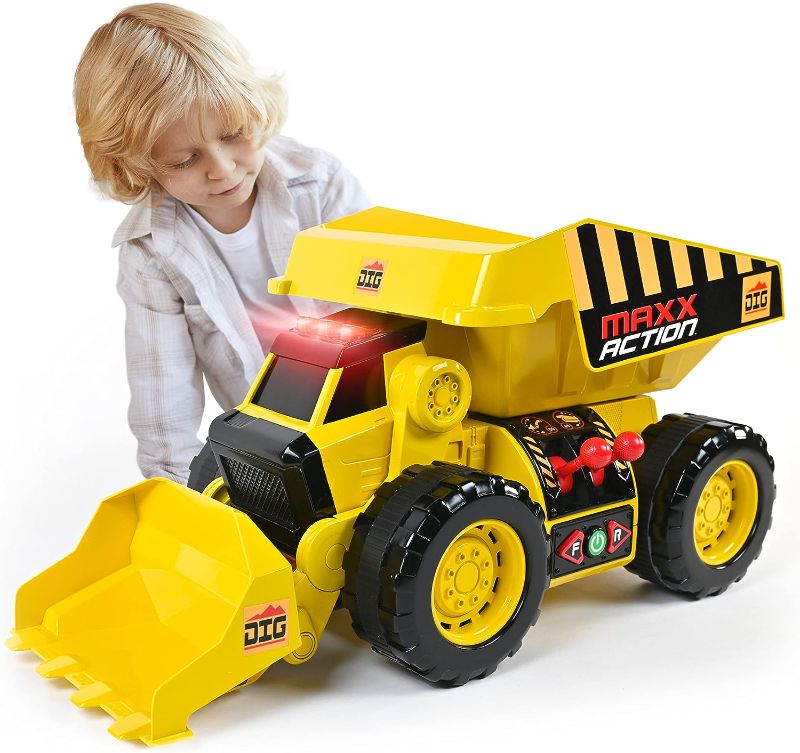 Photo 1 of Sunny Days Entertainment 2-N-1 Dig Rig – Dump Truck and Front End Loader with Lights, Sounds and Motorized Drive, Yellow, Large
