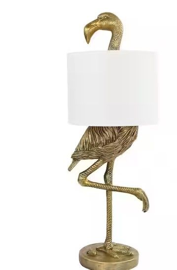 Photo 1 of 31.75 in. Gold Flamingo Shaped Table Lamp with White Linen Shade
