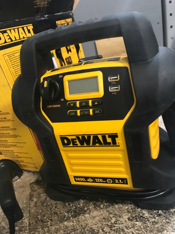 Photo 2 of DEWALT DXAEJ14 Digital Portable Power Station Jump Starter: 1400 Peak/700 Instant Amps, 120 PSI Digital Air Compressor, 3.1A USB Ports, Battery Clamps , Yellow