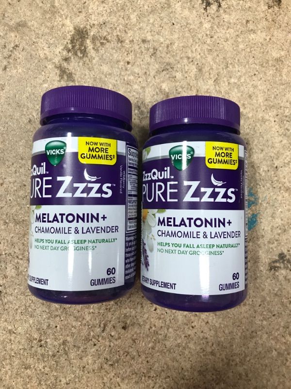 Photo 2 of 2 pack of ZzzQuil PURE Zzzs Melatonin Sleep Aid Gummies, Helps You Fall Asleep Naturally, Wildberry Vanilla Flavor, Chamomile Lavender & Valerian Root, 1mg per gummy, 72 Count