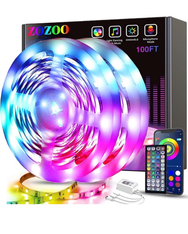 Photo 1 of ZOZOO 100ft Led Lights for Bedroom(2 Rolls of 50ft), Smart RGB Led Strip Lights with 44-Key Remote & APP Control Music Sync with Color Changing for Home Party Festival Decoration