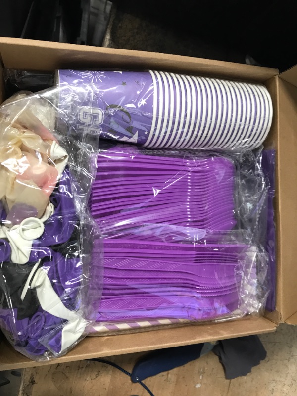 Photo 2 of 277 PCS Graduation Decoration Class of 2023 Party Supplies Kit Congrats Balloons Grad Party Disposable Dinnerware Backdrop Tablecloth for High School College Grad Celebration, Serves 24 (Purple)