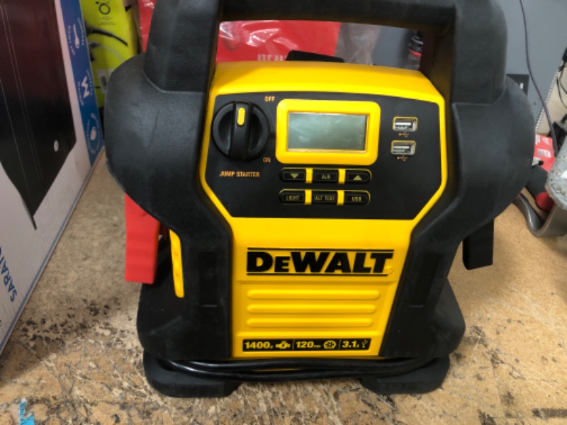 Photo 2 of DEWALT DXAEJ14 Digital Portable Power Station Jump Starter: 1400 Peak/700 Instant Amps, 120 PSI Digital Air Compressor, 3.1A USB Ports, Battery Clamps , Yellow