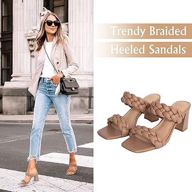 Photo 1 of  Women's Braided Heeled Sandals Strappy Square Open Toe Heels Backless Mules Slip On Block Heels 81/2 