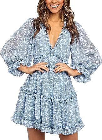 Photo 1 of  Womens Summer Long Sleeve Dress 2023 Deep V Neck Ruffle Layer Swing Mini Dresses Blue XL