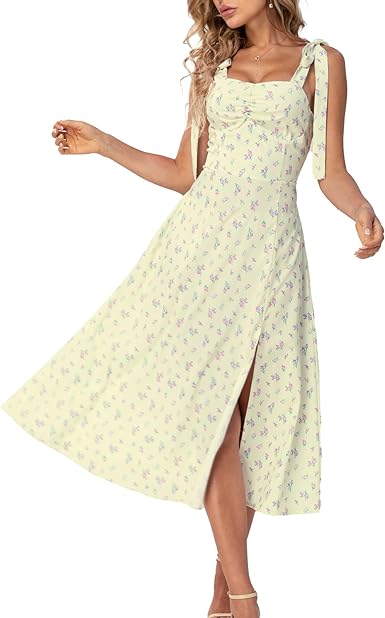 Photo 1 of Boho Maxi Dress for Women Cottagecore Dress Wrap Floral Print with Pockets Casual Vintage Tie Straps Split Beach Dress Small