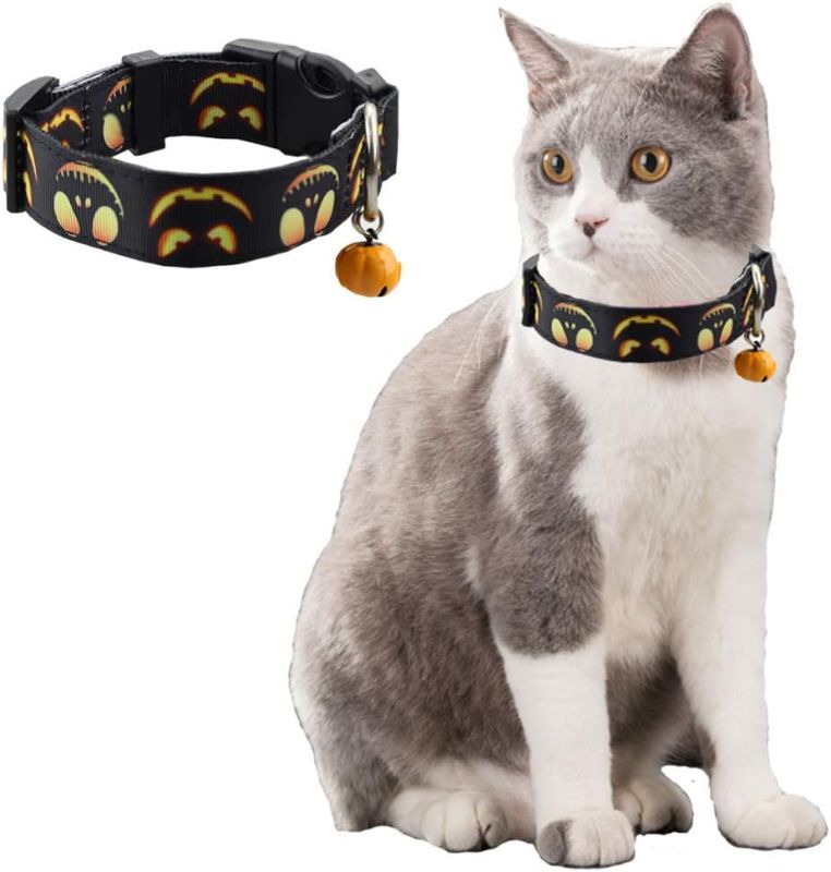 Photo 1 of 2 Bundle ANIAC Halloween Dog Collar with Ghost Patterns and Pumpkin Bell Adjustable Breakaway Pet Collars Halloween Apparel for Cats Puppy Dogs (Small, Orange Ghost)
