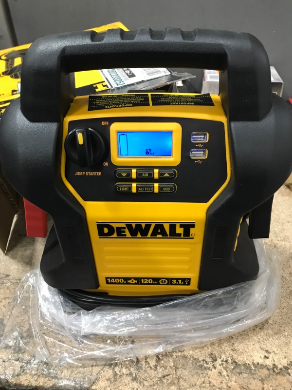 Photo 1 of DEWALT DXAEJ14 Digital Portable Power Station Jump Starter: 1400 Peak/700 Instant Amps, 120 PSI Digital Air Compressor, 3.1A USB Ports, Battery Clamps , Yellow