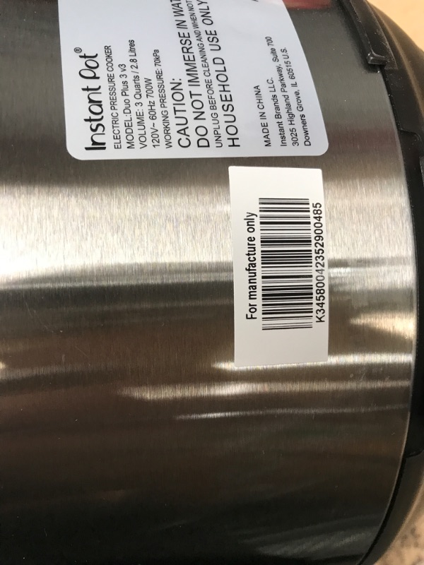 Photo 3 of **MISSING INNER BOWL AND POSSIBLY OTHER PARTS** Instant Pot Duo Plus Mini 9-in-1 Electric Pressure Cooker, 3 Quart