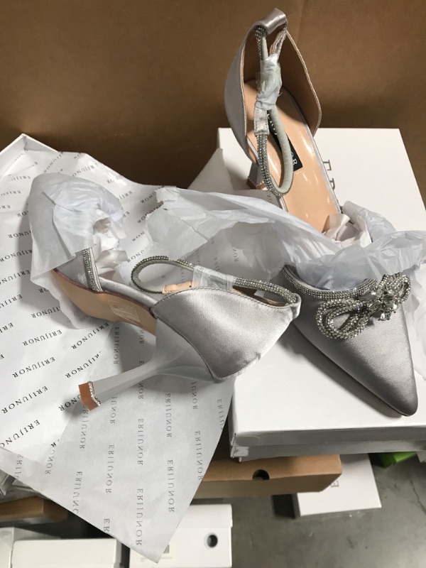 Photo 1 of ERIJUNOR Rhinestone Bow Knot Wedding Shoes Elegant Pointed Toe Pumps for Woman with Ankle Strap  size 8
