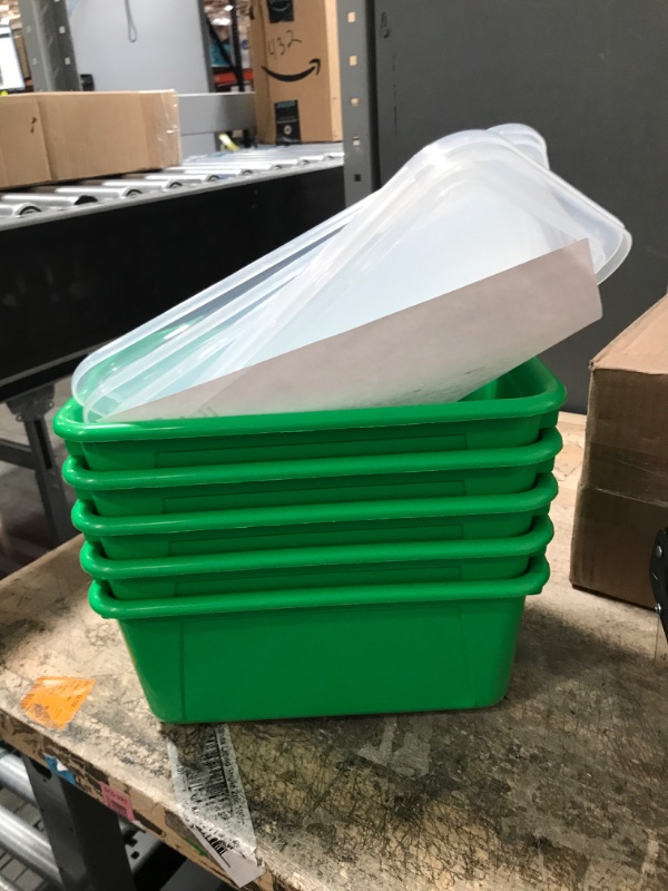 Photo 2 of Storex Small Cubby Bins – Plastic Storage Containers for Classroom with Non-Snap Lid, 12.2 x 7.8 x 5.1 inches, Green, 5-Pack (62409U05C) Green 12.2" x 7.8" x 1" Bin with Lid