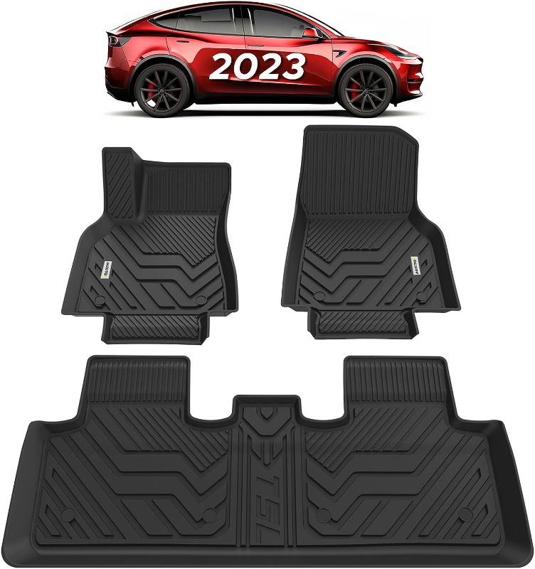 Photo 1 of  Floor Mats for Tesla Model Y 2023 2022 2021 2020, Model Y All Weather Mats Carpet Interior Liners Full Set, Carbon Fiber Waterproof Anti-Slip (1st & 2nd Row) MODELY