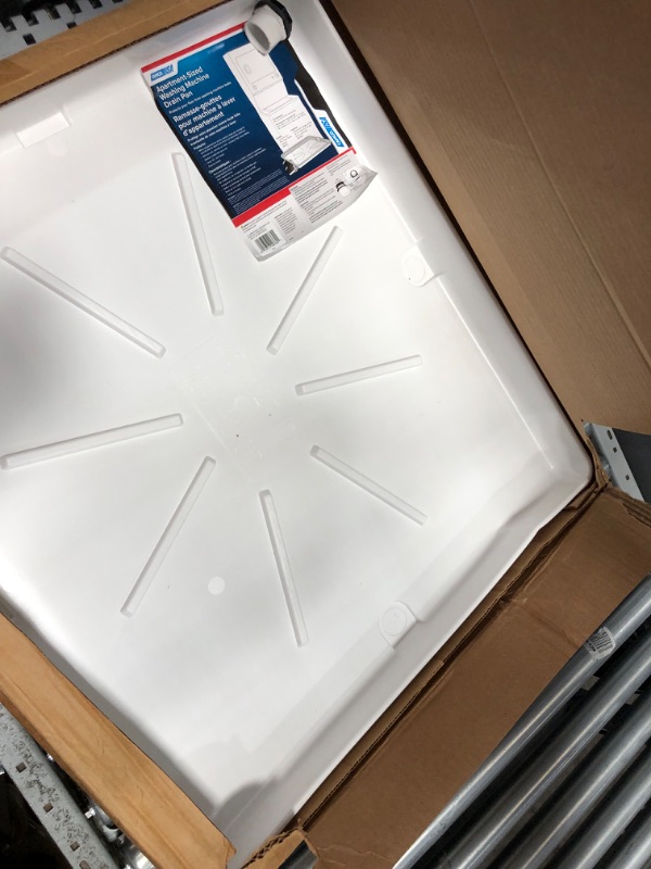 Photo 2 of Camco Washing Machine Drain Pan for Stackable Units with PVC Fitting - Collects Water Leakage and Prevents Floor Damage - White (21006) Ships in Own Container