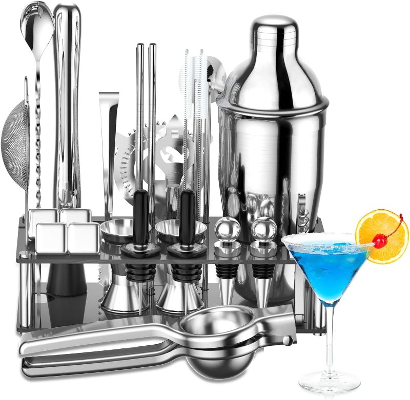 Photo 1 of 30-Piece Cocktail Shaker Set Stainless Steel Bartender Kit with Acrylic Stand & Cocktail Recipes Booklet, Bar Sets for Home, Professional Bar Tools for Drink Mixing, Party, Include 4 Whiskey Stones
