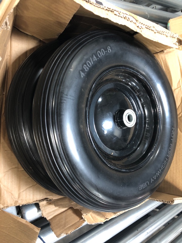 Photo 2 of 16" Flat Free Solid Polyurethane Tire and Wheel, 4.80/4.00-8 PU Airless Tires with 5/8" Ball Bearings, Straight Grain, 2 Pack