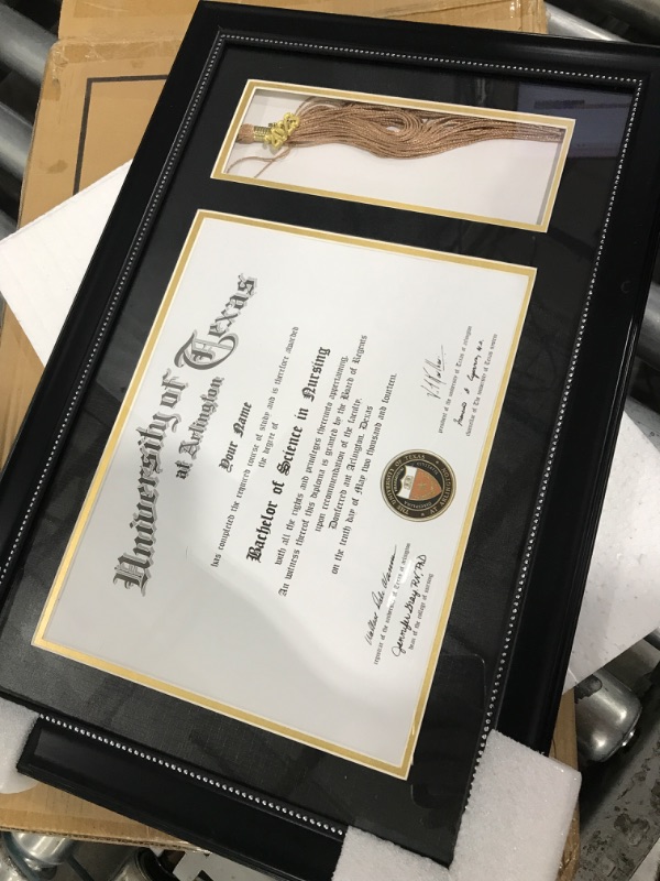 Photo 2 of GraduationMall 11x17 Black Diploma Frame with Tassel Holder for 8.5x11 Certificate Document,Real Glass, Black Over Gold Mat Black With Silver Beads Diploma + Tassel