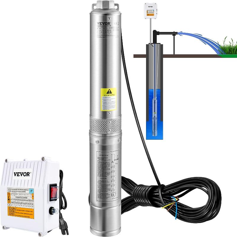 Photo 1 of **SEE NOTES**
VEVOR Deep Well Submersible Pump, 1.5HP 115V/60Hz, 37gpm 276ft Head, with 33ft Cord & External Control Box, 4" Stainless Steel Water Pump for Industrial, Irrigation and Home Use, IP68 Waterproof 1.5HP/115V w/ control box