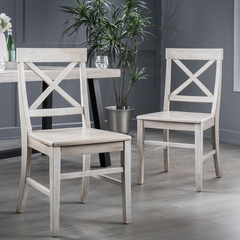 Photo 1 of Christopher Knight Home Roshan Farmhouse Acacia Wood Dining Chairs, Light Grey Wash, 21D x 17.75W x 35.5H Inch
