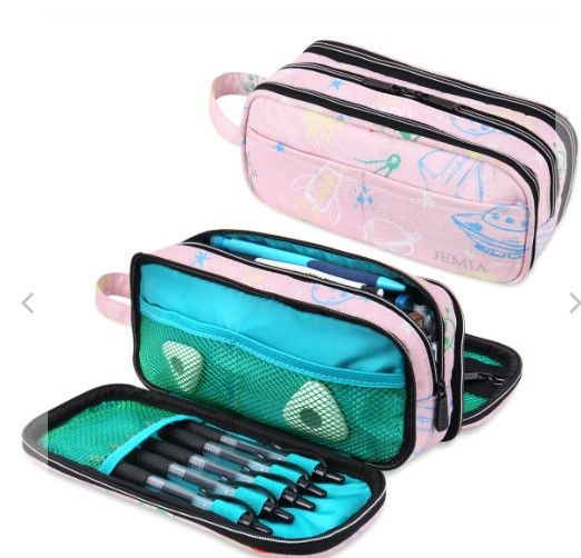 Photo 1 of 2pcks of JEMIA Multi Compartments Collection 3 Independent Zipper Compartments with Handle Strap Pencil Case (Pink Galaxy, Polyester) Galaxy Pink