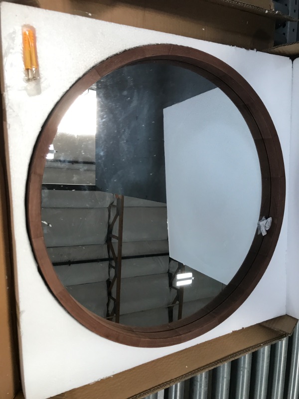 Photo 2 of  Round Wood Mirror 24 Inch Farmhouse Wall Mirror Wooden Framed Brown Circle Mirror for Bathroom
